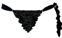 Slip bikini Eclisse nero con ricami argento, bordi frou frou e laccetti laterali annodabili