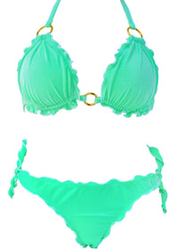 Bikini Jade Gold triangolo in tessuto vellutato verde giada con anello dorato centrale